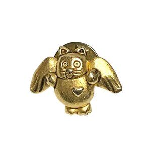 Vintage Gold Tone Cat Angel Pin With Heart 0.5"